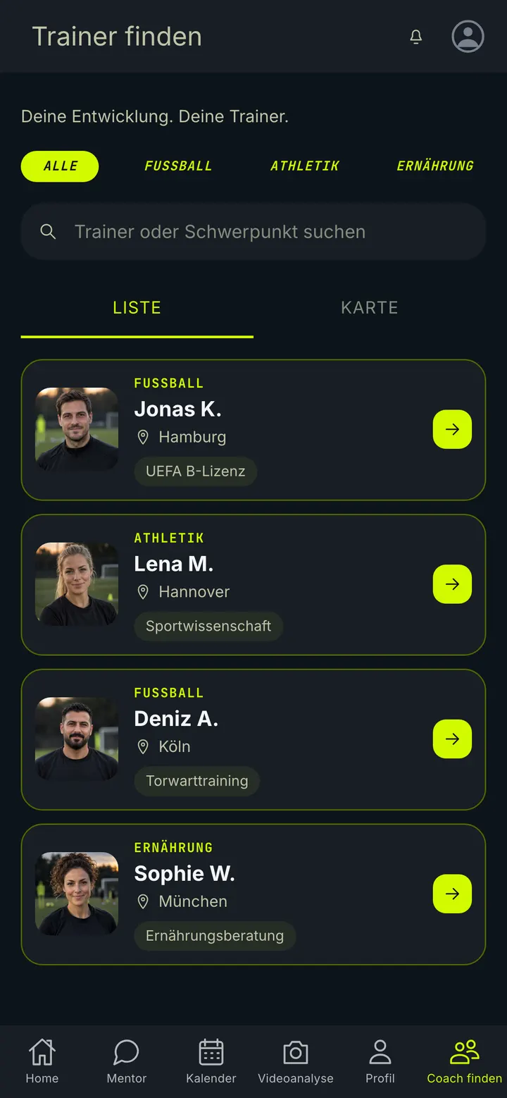 Illustration der Trainersuche in der AILETIC-App mit neutralen Beispielprofilen