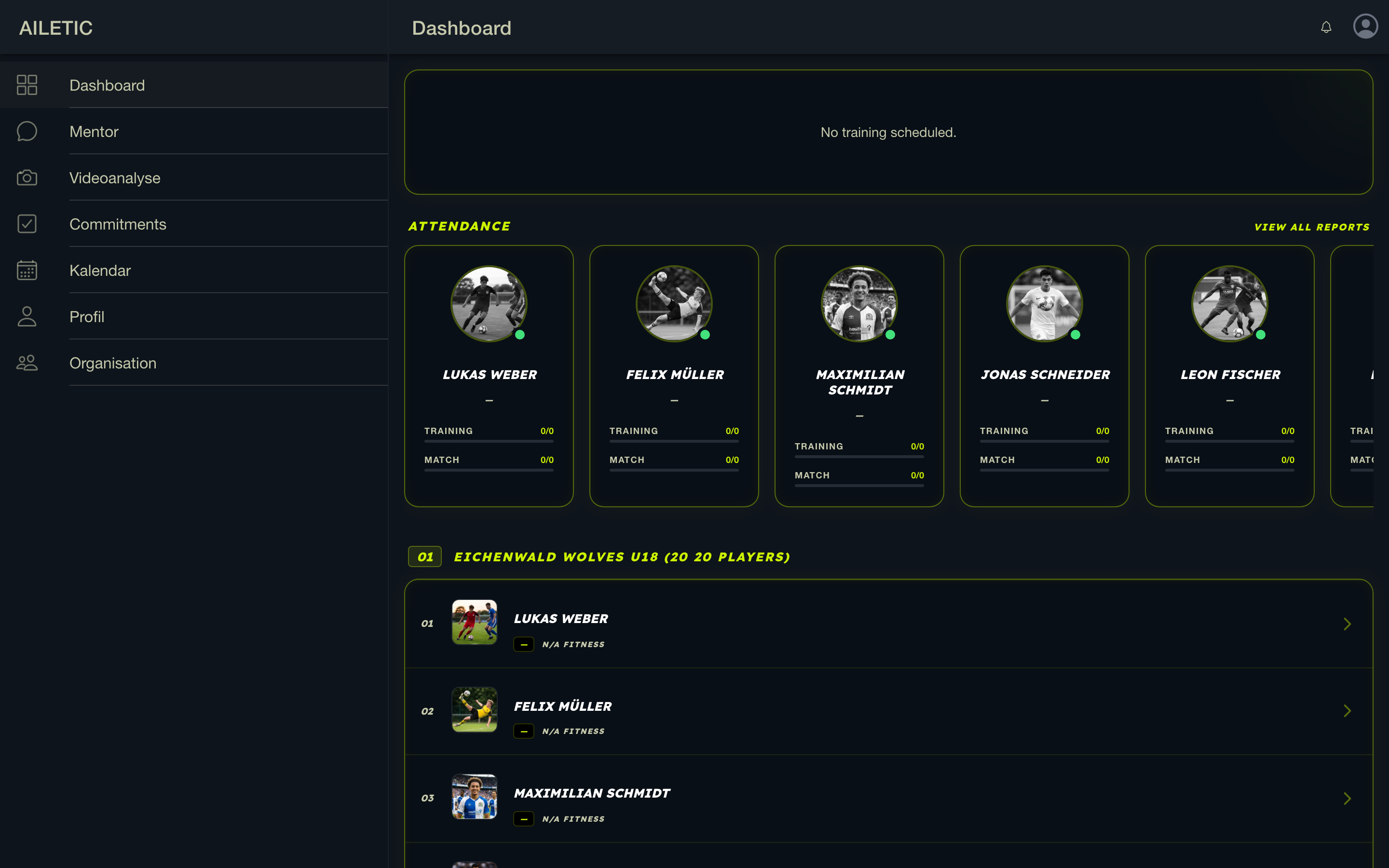 Coach-Dashboard mit Spieler-Bewertungen in der AILETIC App