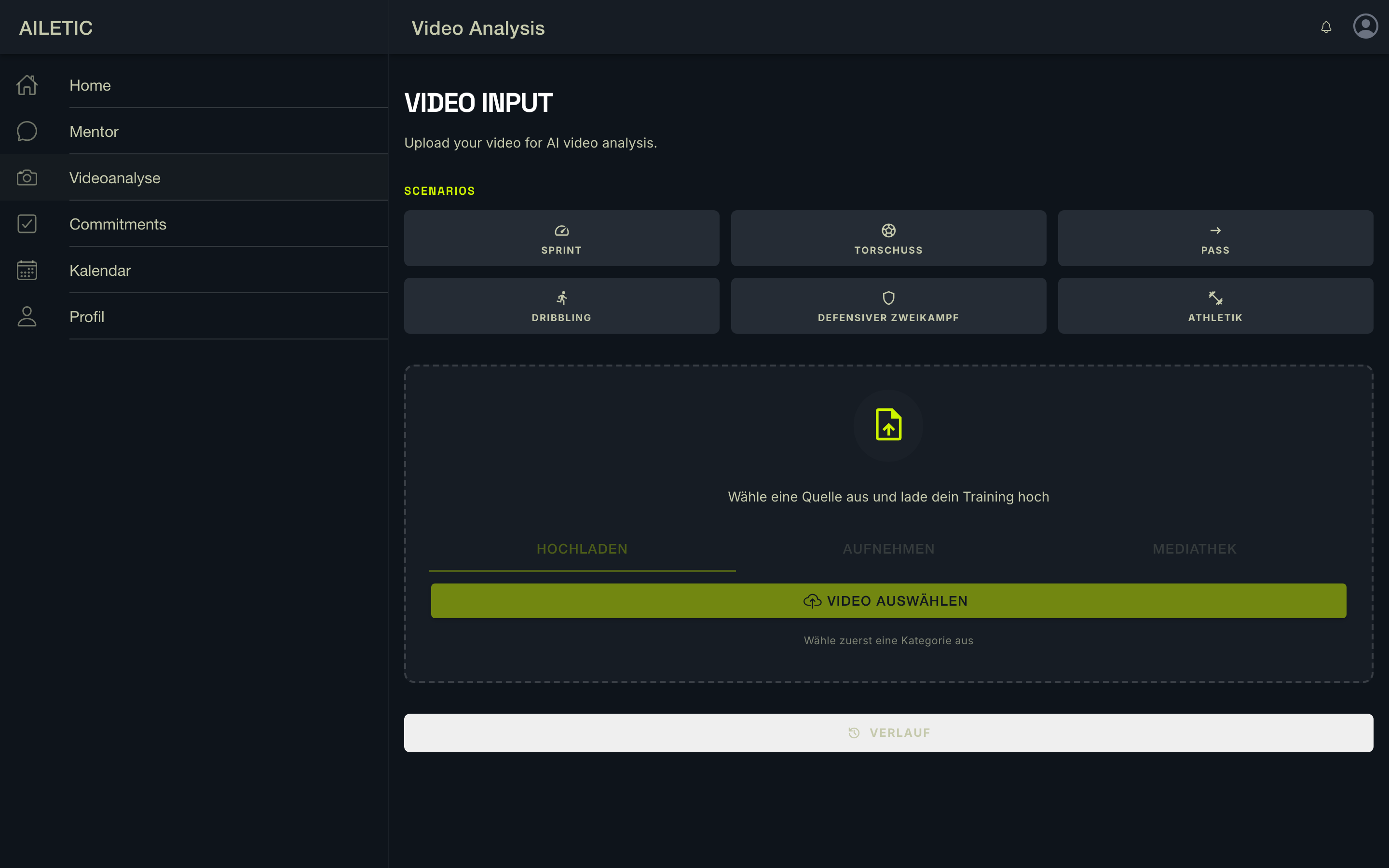 Videoanalyse-Screen der AILETIC App mit Szenario-Auswahl